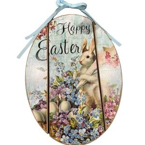 Happy Easter Wood Vintage Retro Design Home Decor Ribbon Detail Sign Bunny Eggs